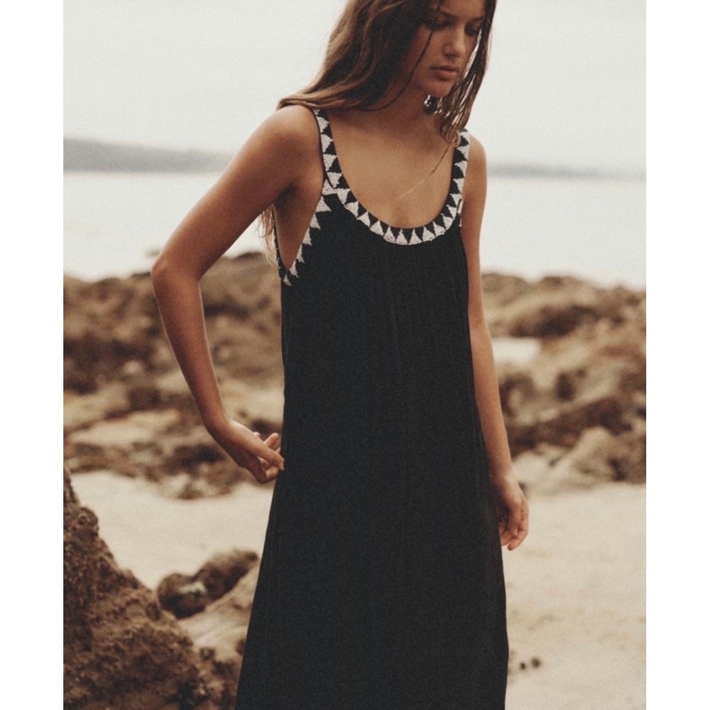 Zara Black Boho Beaded Strap Maxi Dress Womens MCotton Modal Geometric Summer